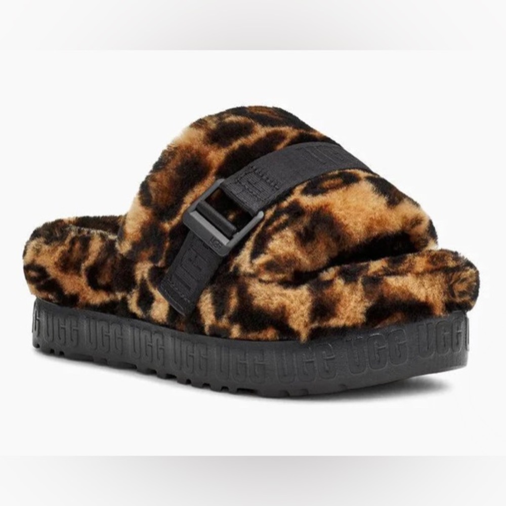 UGG Leopard Print Fluffita Slide Sandal in Brown and Black